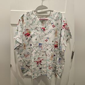 Scrub Basics Christmas Holiday Scrub Top Snowman Santa Lights Print Size XL